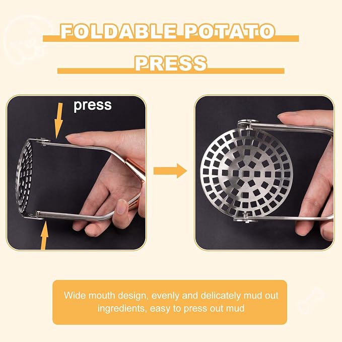 Potato Masher, Folding Stainless Steel Non Stick Non-Slip Mash Potatoes Masher 12 Inch Long Handle Saves Space Heavy Duty Bean Smasher Tool for Avocado, Bean, Rose Gold