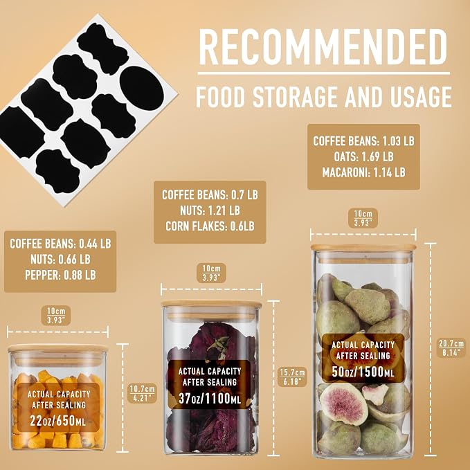 D2scrma Airtight Glass Square Storage Containers with Bamboo Lid Set of 6 (650ml*2/1100ml*2/1500ml*2) Stackable Jars, Kitchen Canister for Pantry Cereal, Nuts, Snacks and Coffee beans
