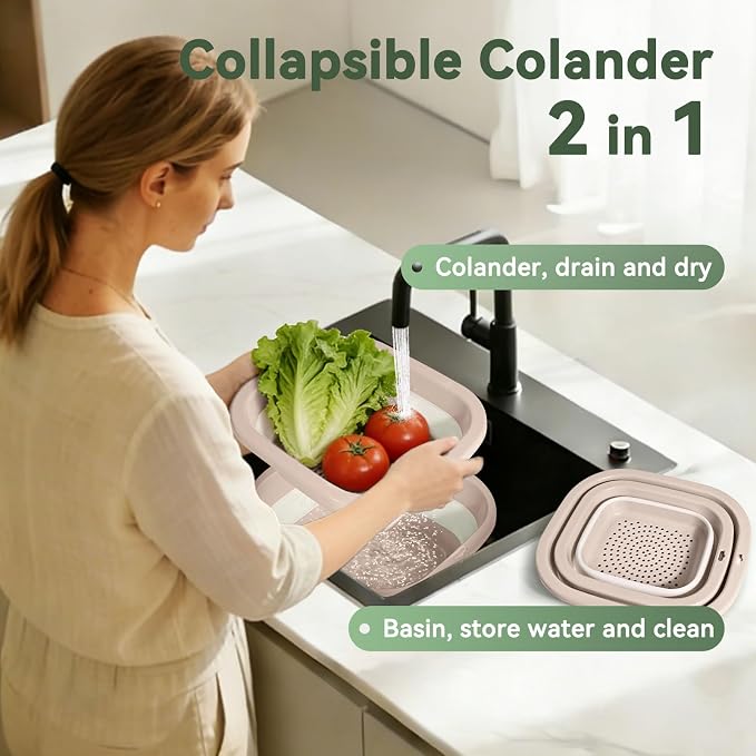 Collapsible Colander and Sink Basin Set - 2 in 1 Collapsible Colander Strainer with Collapsible Wash Basin for Kitchen, RV Camping, Foldable Fruit Vegetable Washing Basket, 4 QT, Pink