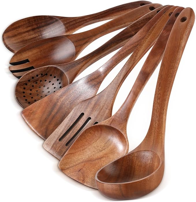 Wooden Spoons for Cooking - 7 Pieces Wooden Kitchen Utensils Set, Smooth Natural Teak Wood Utensil Set, Nonstick Heat-Resistant Cooking Utensils - Lightweight & Sturdy, Wooden Spatula for Cooking