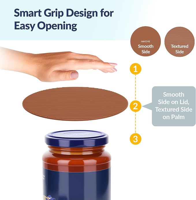 NiHome Silicone Jar Opener Gripper Pads, 6 In for Seniors, Coffee Color,4PC | Textured Back Pattern For Superior Grip, Food-Grade Silicone, Heat-Resistant Multi-Use Kitchen Pad For Jars, Pots, Spoons