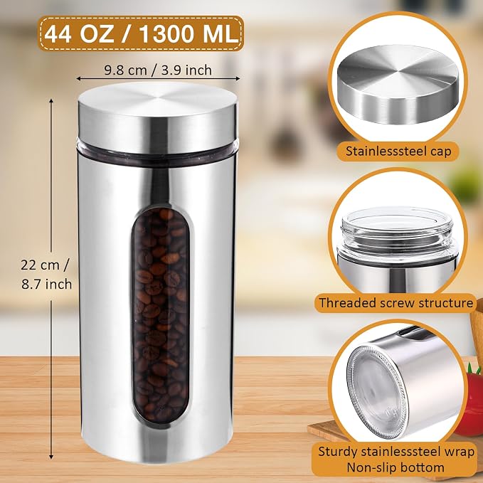 6 Pack Kitchen Canisters Set Airtight Coffee Sugar Tea Candy Storage Jars with Window Glass Stainless Steel Containers with Lids for Flour Cookies Spices Grains Kitchen Decorations(44 oz)