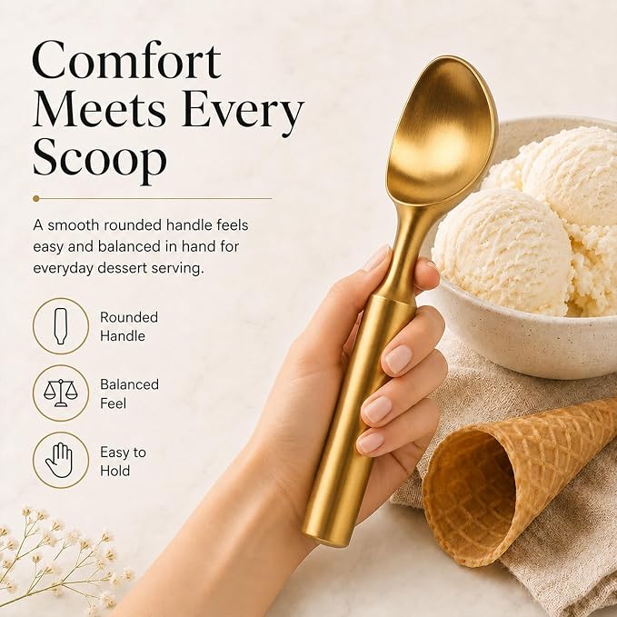 Heavy-Duty 304 Stainless Steel Ice Cream Scoop, 4.5 oz Cookies Scoop, Durable, Corrosion-Resistant & Dishwasher Safe with Ergonomic Grip for Perfect Scooping, Solid Design, Gold