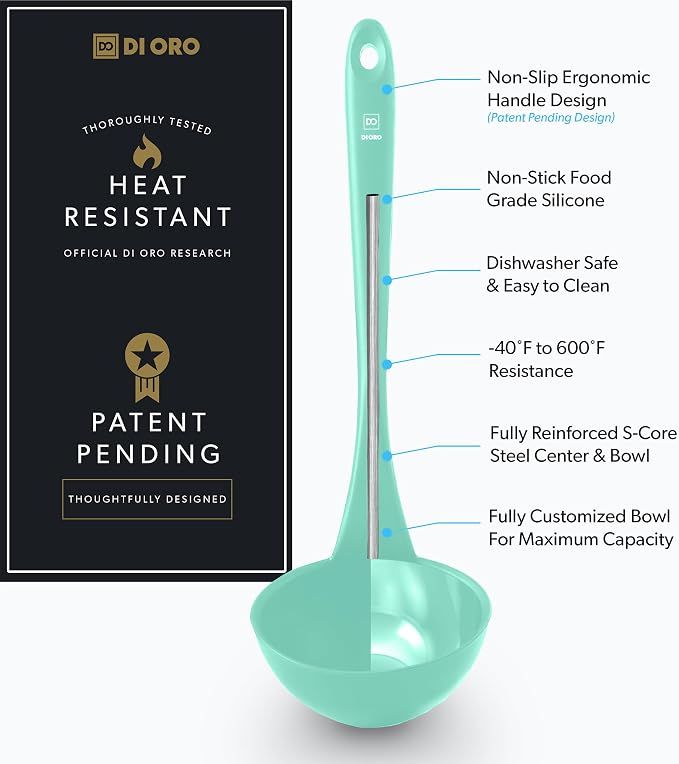 DI ORO Silicone Ladle – Soup Ladle for Cooking & Serving Heat-Resistant - Large Kitchen Soup Ladle Nonstick Cookware Safe - Soup Serving Spoon with Wide Bowl - Silicone Utensil Dishwasher Safe (Mint)