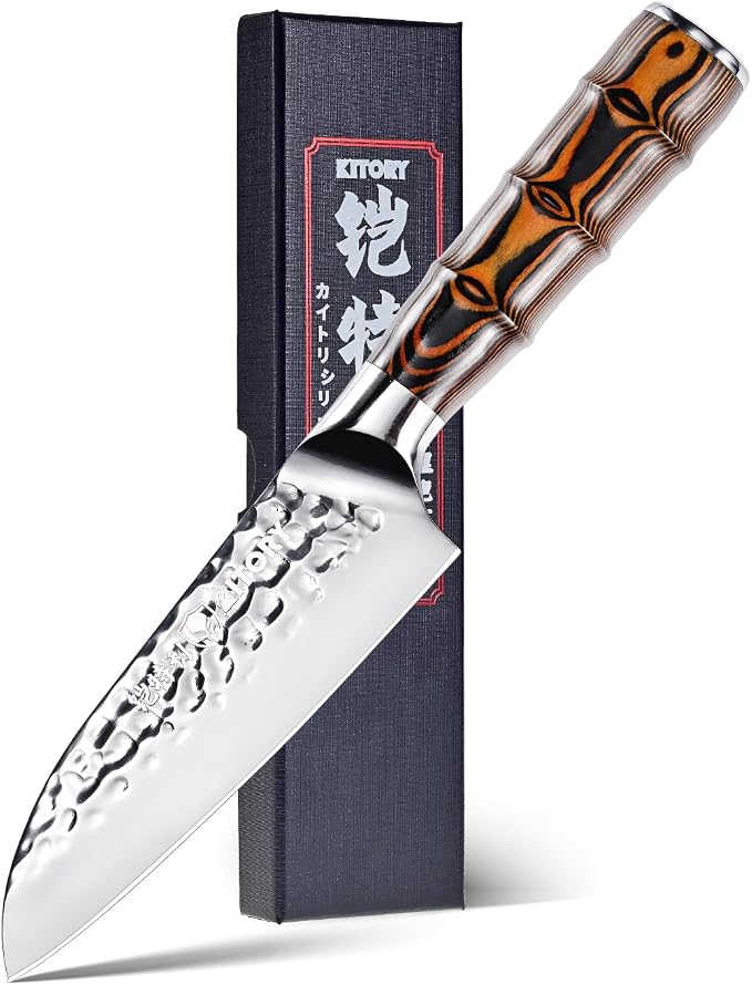 5.5" Santoku Knife, Pro Chefs Kitchen Knives, HC Stainless Steel, Hammered Ultra Sharp Blade, Bamboo Shape Handle Cooking Cutlery 2025 Gifts for Home & Restaurant