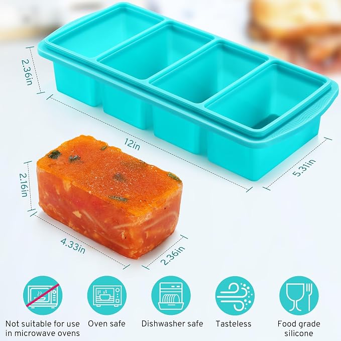 Silicone Freezer Tray with Lid, 1-Cup, 2-Pack (Aqua) | BPA-free, leakproof lid, easy-release, stackable, dishwasher-safe. Great for soups, sauces, leftovers, meal prep, baby food.