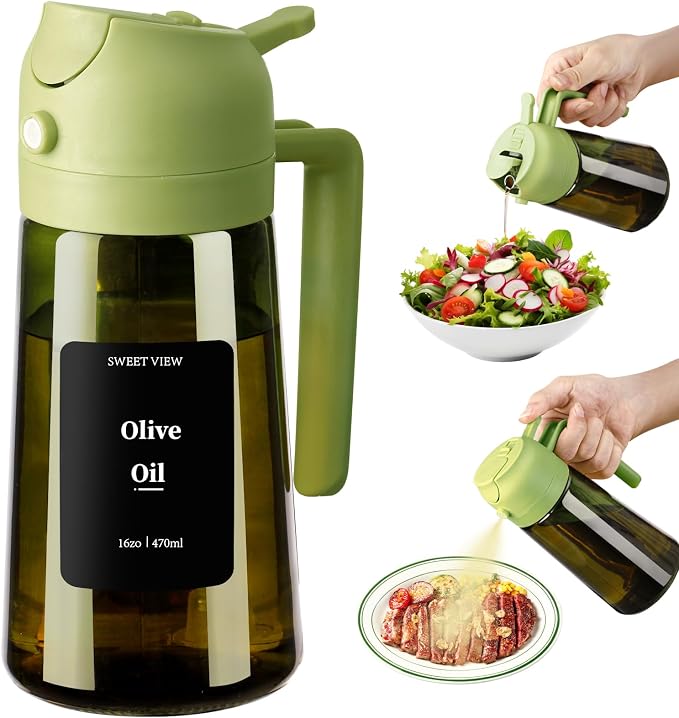 SWEET VIEW Olive Oil Dispenser and Oil Sprayer | 16oz/470ml Glass Light-Proof Oil Pourer for Kitchen Air Fryer, Cooking, Salad, and BBQ, with Stickers