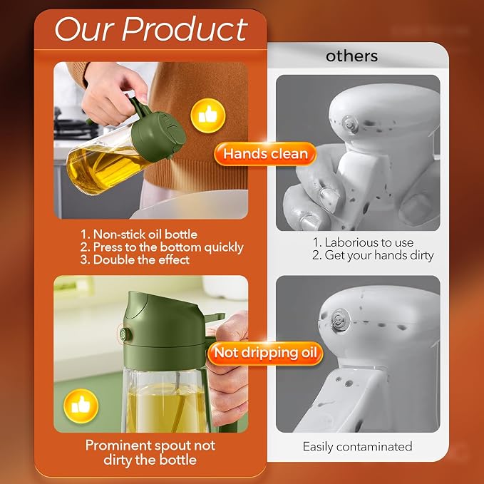 YARRAMATE 16 oz 2-in-1 Glass Olive Oil Sprayer for Cooking, OliveGreen | Food-grade dispenser bottle, 470 ml, spray and pour, portion control, stickers included, for salad, frying and BBQ