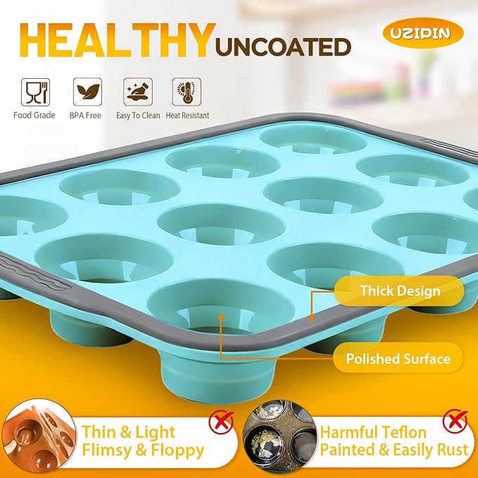 Silicone Muffin Pan, 12 Cups Non-Stick Cupcake Pan, Food-Grade BPA-Free Muffin Tin, Oven-Safe 450 °F, Reinforced Steel Frame, Easy-Grab Handles, Quick-Release 2.3" Baking Molds for Mini Treats