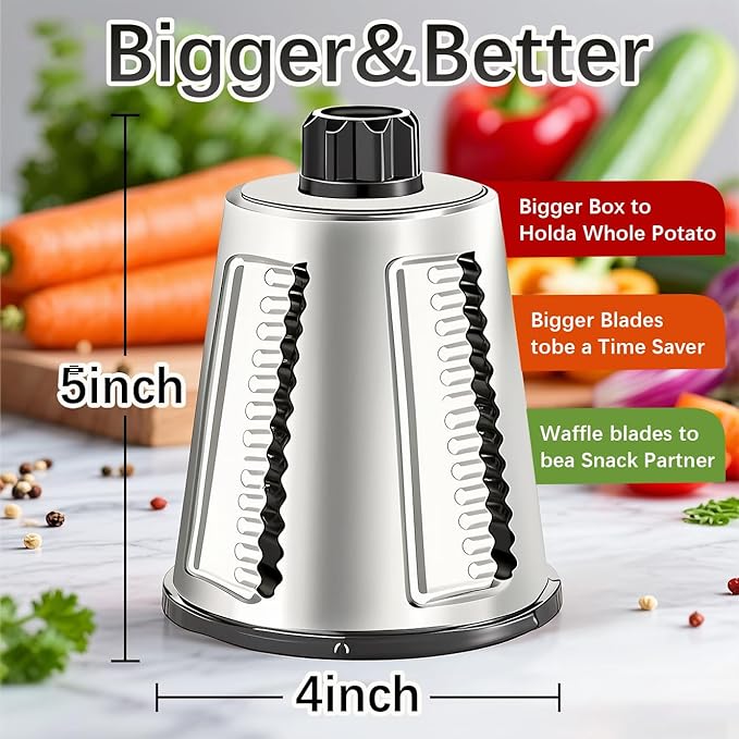 VEKAYA Rotary Cheese Grater Hand Crank, White | 4 Interchangeable Stainless Steel Blades, Large Manual Handle Shredder, Waffle Slicer for Vegetables, Cheese and Nuts