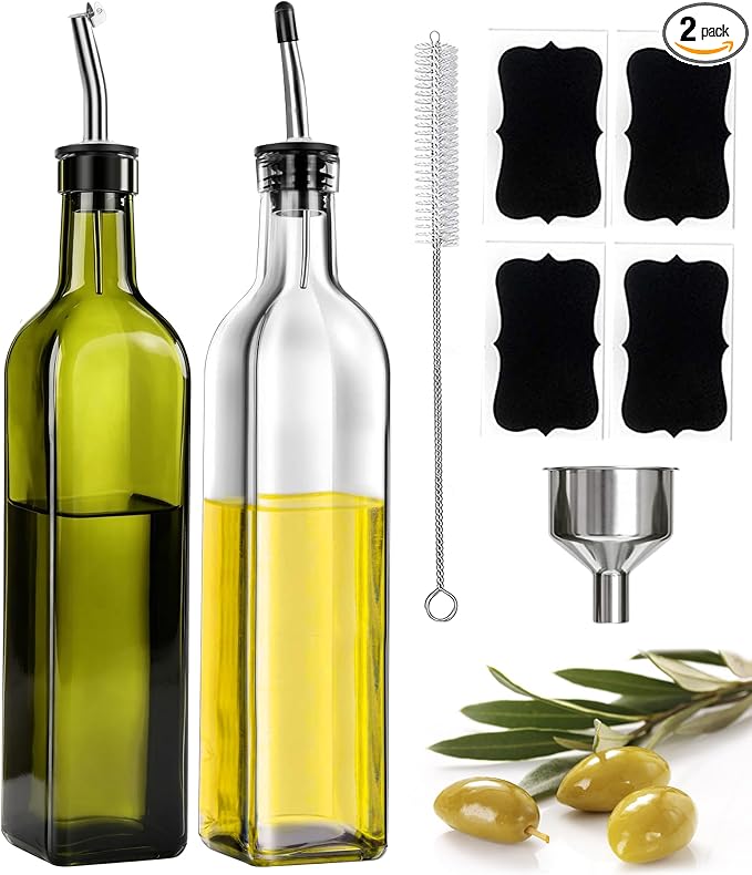 Leaflai Glass Olive Oil Dispenser Bottle Set of 2, 17oz/500ml Kitchen Oil and Vinegar Cruet with Airtight Stainless Steel Pourer Spout, Funnel & Brush, Cooking Essentials for Salad Dressing (Clear)