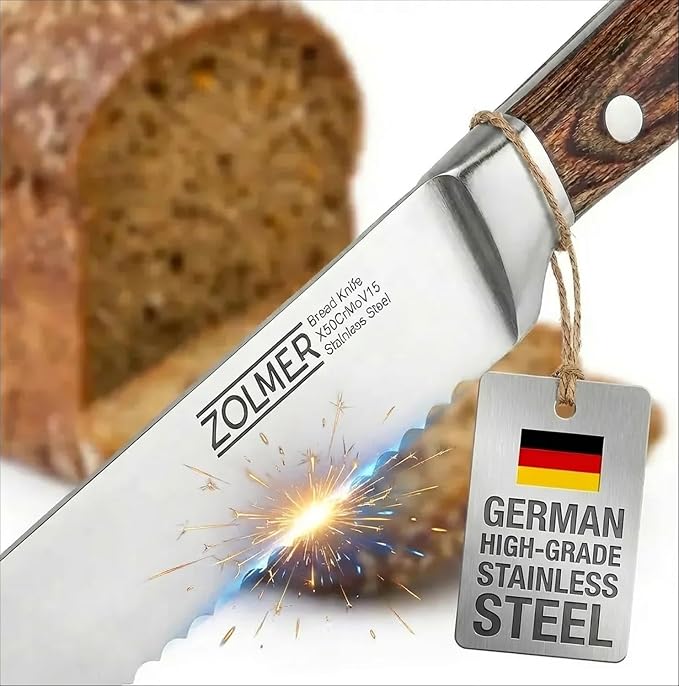 Bread Knife for Homemade Bread – 7.8" Serrated German Steel Blade with Wood Handle – Razor Sharp Sourdough Knife for Clean, Effortless Slicing