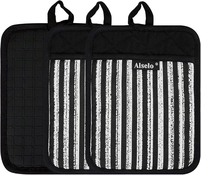 Alselo Silicone Pot Holders Set of 3 Heat Resistant & Non Slip Potholders, Professional Oven Hot Pads with Pockets Mitts for Kitchen Cooking Baking Barbecue (3, Black)