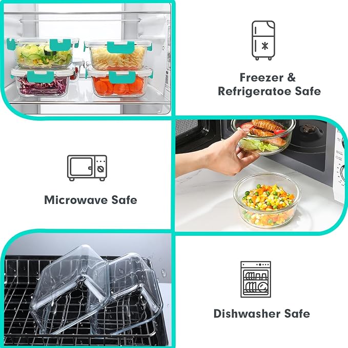 VERONES 30 Pieces Glass Food Storage Containers Set with Lids, Green | Stackable Glass Meal Prep Containers Set with Lids, Airtight Lunch Containers, for Microwave, Oven, Freezer & Dishwasher