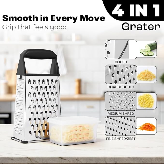 Professional Box Cheese Grater with Container & Handle – Durable Stainless Steel Cheese Shredder for Kitchen, Multi-Sided Food Chopper for Kitchen Use – Black