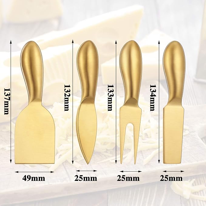 Patelai 4 Pcs Gold Cheese Knives Set Gold Knife Fork Slicer Butter Knife Spreader Stainless Steel Charcuterie Accessories for Kitchen Cooking Gift Gathering Wedding Birthday Party