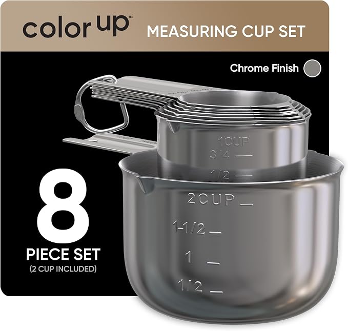 Color Up Measuring Cup Set, 8 Piece, Copper and Chrome Finish, Stainless Steel, Accurate for Wet & Dry Ingredients, Embossed Markings, Easy Pour Spouts, Dishwasher Safe, Kitchen Essential (Stainless)