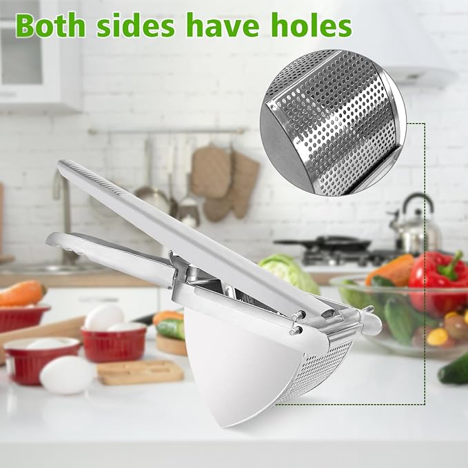 LHS Heavy Duty Potato Ricer and Masher, Stainless Steel Potato Masher, Business Fruit Masher and Food Press for Commercial and Home Use, 2 Sides Holes