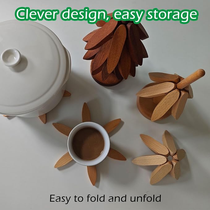 Premium Wooden Trivets Set of 4 - Auto Unfold Tree Design Hot Pot Holders & Countertop Protectors | Walnut Wood