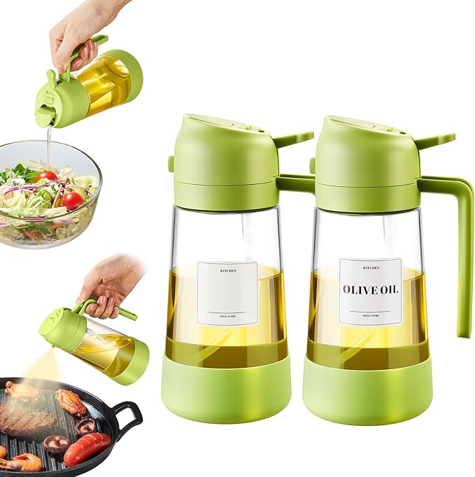 PARACITY Oil Sprayer for Cooking, 2-in-1 Olive Oil Dispenser, 16 oz, 2 Pack | Glass bottle sprays fine mist or pours a stream; silicone bottom stays steady for air fryer, BBQ, salads, baking and cooking