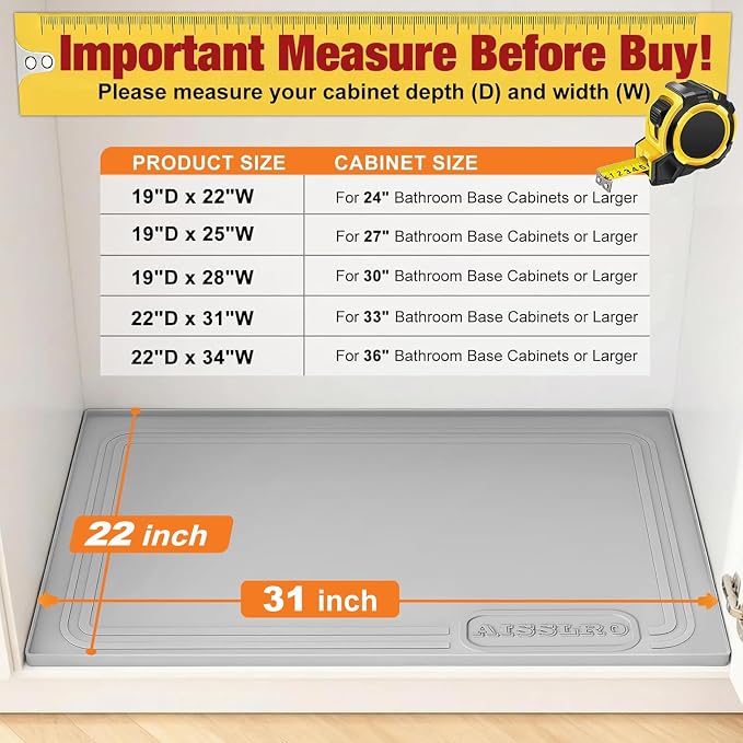 Under Sink Mat 31" X 22", Waterproof Silicone Cabinet Kitchen Liner, Gray | BPA-Free Raised-Edge Cabinet Protector & Leak Tray for Bathroom Cabinets, Boots, Pet Feeding Dog & Cat Mats, Dishwasher Safe