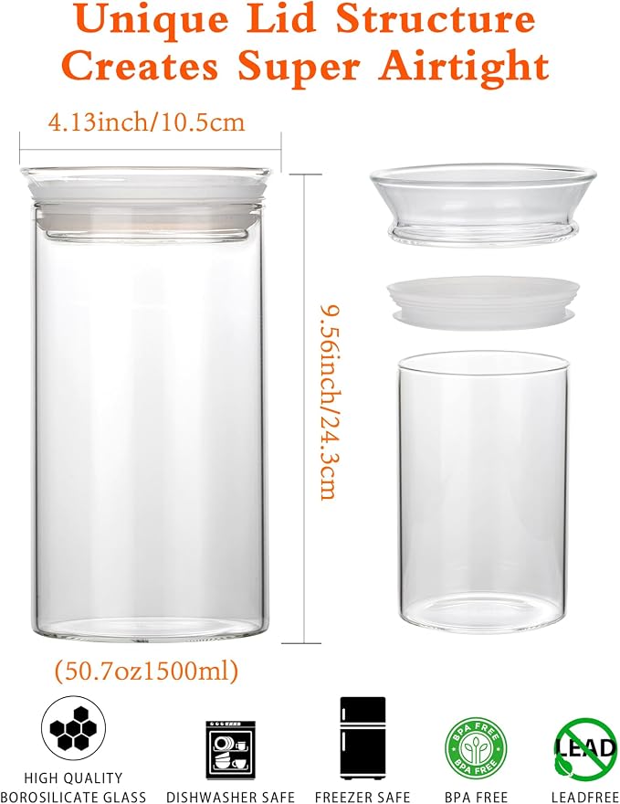 ZENS Glass Canisters with Airtight Lids, Set of 2 50oz Tall Storage Jars | Borosilicate Glass Jars with Airtight Lid, Wide Mouth Pasta Containers for Pantry Food Storage