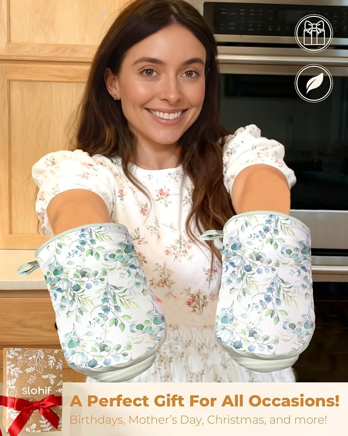 Slohif Sage Green Mini Oven Mitts Set – Flower Extended Short Heat Resistant Kitchen Gloves for Women, 100% Cotton Oven Mitts with Silicone Grips, Non-Slip and Thick Durable for Cooking & Baking