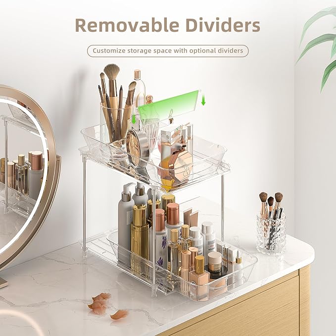 4-Pack 2-Tier Under Sink Organizer with Pull Out Drawers | Multi-use kitchen & bathroom storage. Includes hanging hooks and cups. transparent, space-saving cabinet design. 11.2 Inch