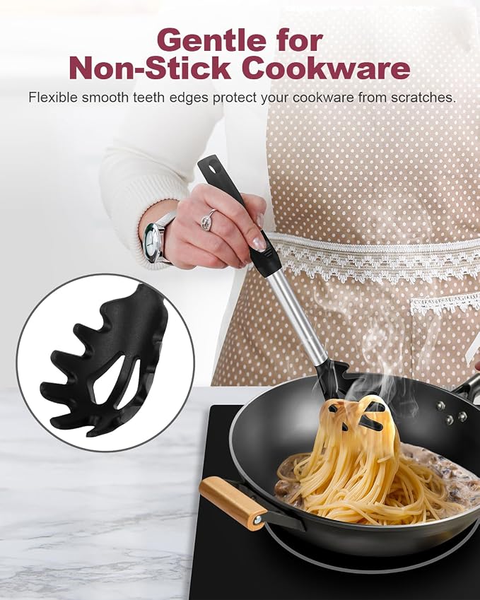 2-Piece Silicone Spaghetti Spoon and Pasta Tong Set, Heat-Resistant Non-Stick Noodle Server with Teeth, 13“ BPA-Free Spaghetti Strainer Fork, Stainless Steel Handle for Pasta Cooking, Black