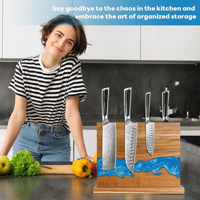 magnetic knife holder - Acacia wood Magnetic Knife Block, Magnetic Knife Storage with double-sided magnetic, blue resin river, 12.59 × 9.84 inches (Without knife)