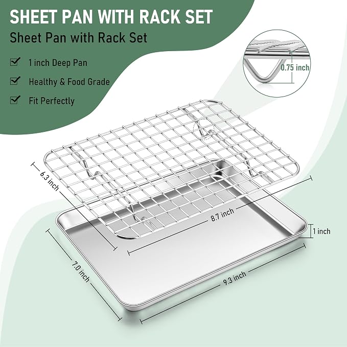Homikit Toaster Oven Pan with Rack Set (2 Baking Sheet+2 Rack), 9 x 7 Inch | Stainless Steel Small Cookie Sheets with Grid Cooling Racks for Baking Roasting Grilling, Bacon Tray Sheet Pan with Wire Rack