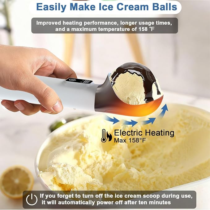 Rechargeable Heated Ice Cream Scoop, LED Display Real-Time Temperature & Battery, 5000mAh Electric Ice Cream Scoop, 158°F Fast Heating IP67 Waterproof with Bee Bracket, Ideal for Hard Frozen Desserts