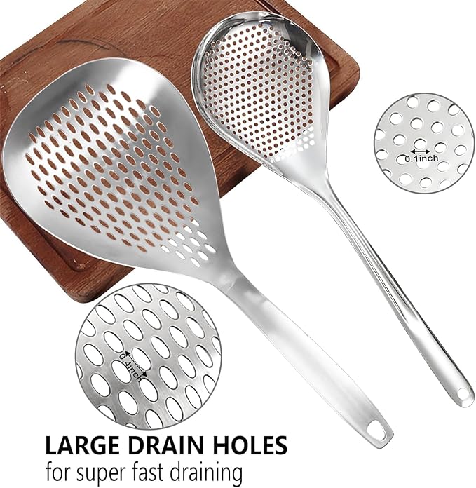 KAYCROWN Skimmer Slotted Spoon, 2 Pack Stainless Steel Pasta Spider Strainer Skimmer Ladle Spoon for Frying and Cooking, Frying Strainer, Kitchen Cooking Colander