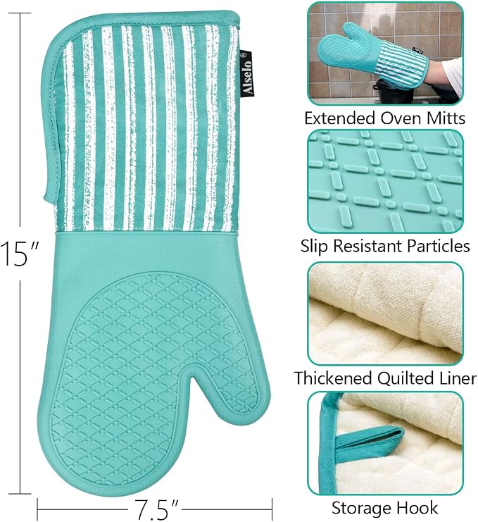 Alselo Silicone Oven Mitts Heat Resistant 932℉ with Waterproof & Non-Slip Kitchen Mittens, Set of 2 Extra Long Oven Gloves with Soft Cotton Terry Lining for Baking Cooking Barbecue