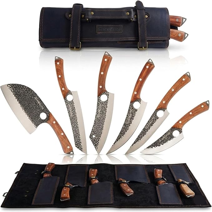 6PC Knife Set Leather Roll Cleaver Serbian Viking Boning Scimitar Kiritsuke | Butcher Knives • Kitchen Knife Set • Meat Cutting • BBQ • Carving • Slicing • Prep • Hammered Pattern Forged Steel Blades