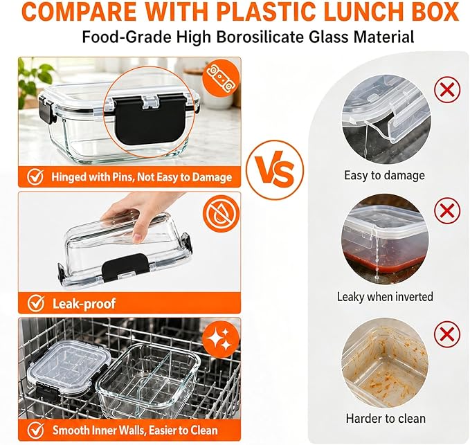 3 Pack Bariatric Meal Prep Containers, 8oz Glass Snack Containers | Glass Bariatric Portion Control Containers with Two 4 oz Compartments, Reusable Lunch Box Bento Box with Lids,Black