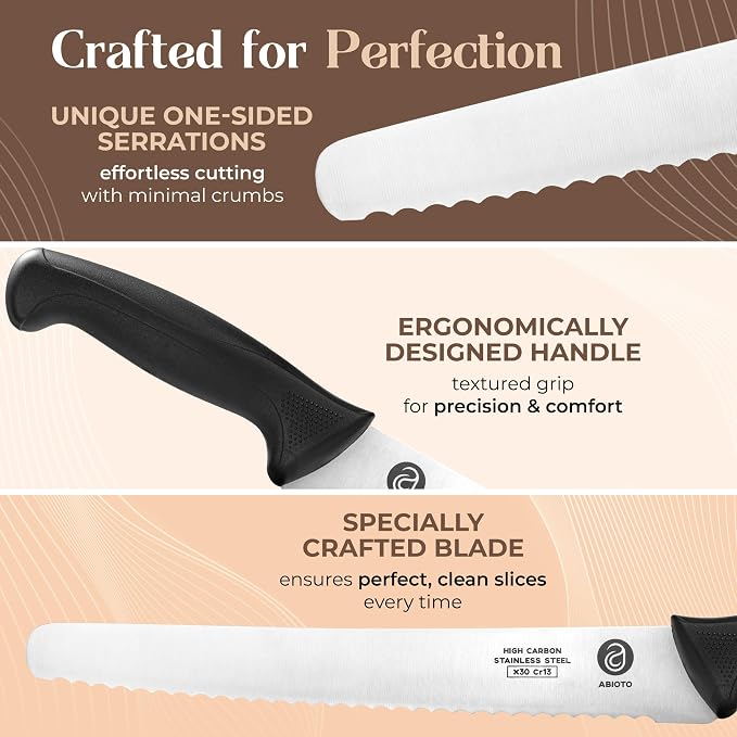 ABIOTO Serrated Bread Knife for Homemade Bread Sourdough - Perfect 11-Inch Sourdough Bread Knife Made of High Carbon Stainless Steel X30 Cr13 with One-Sided Sharp Serrations and Ergonomic Handle