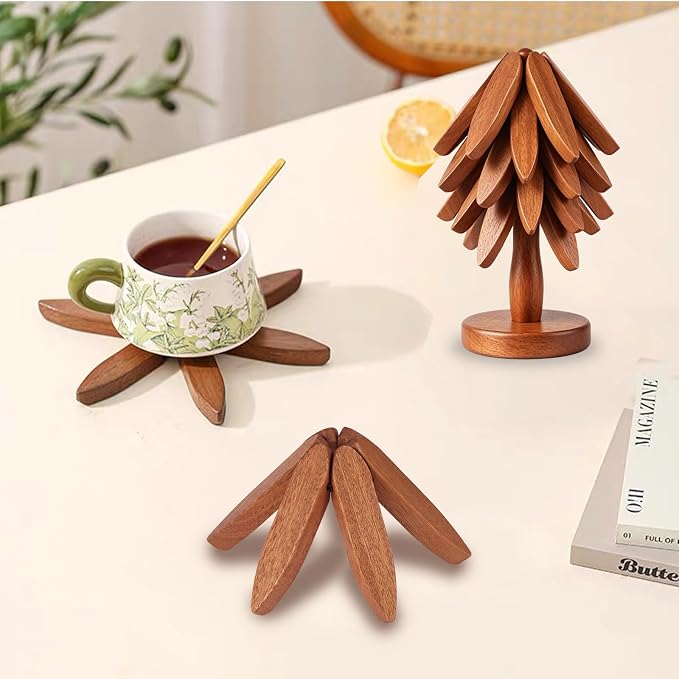 Wood Foldable Tree Trivets for Hot Dishes/Pot/Bowl/Teapot/Hot Pot Holders, Gifts for Family/Friends, Cute and Practical Kitchen Decorations(Smooth- 4Pcs)