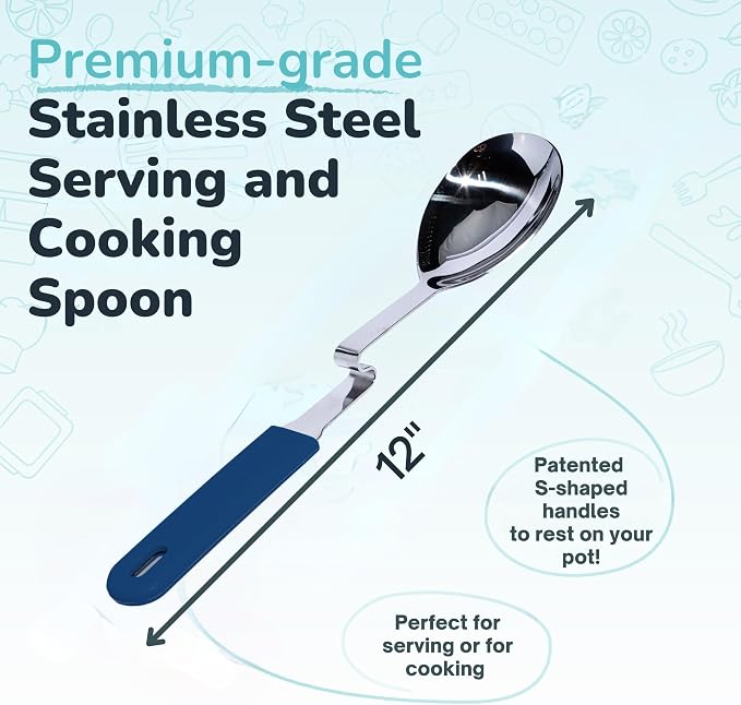 Souper Cubes + Lori Greiner No Mess Stainless Steel Cooking Spoon with Silicone Handle - Stainless Steel Serving Spoon No Mess Design Hooks on Side of Any Pot - Blueberry