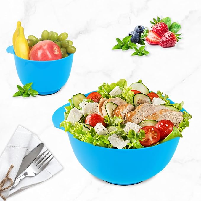 BoxedHome Plastic Mixing Bowls with Pour Spout, Microwave Safe, 4.5 Quart | BPA Free, Non-slip Base Set for 4, 4.5,3.5,2.5 and 1.7QT, Dishwasher Safe Nesting Bowl for Prep, Cooking, Baking (Teal)