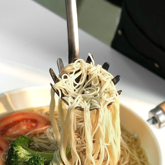 Black Stainless Steel Pasta Spoon, Spaghetti Server with Teeth, Metal Pasta Fork for Noodles, Linguine, Fettuccine and Macaroni, Dishwasher Safe