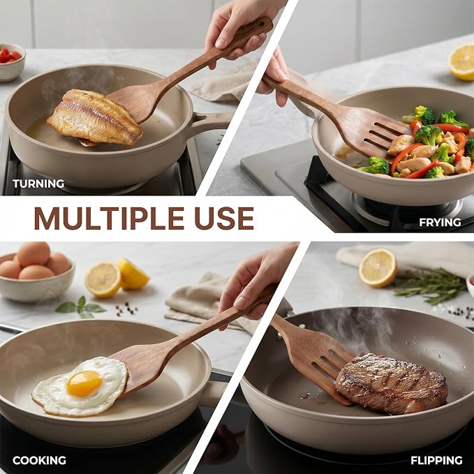 Dishwasher Safe Wooden Spatula Set, 2 Pcs Acacia Wood Solid & Slotted Turner for Nonstick Pans, Wok, Pancakes, Eggs, Fish, Long-Lasting, Water & Crack Resistant, Perfect for Flipping, Cooking, Frying