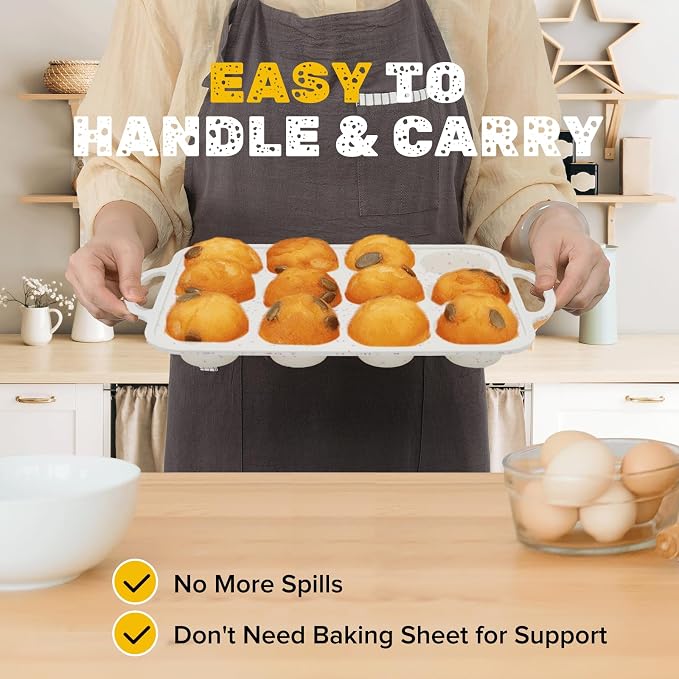 Silicone Muffin Pan, Metal Reinforced Frame Regular Size 2.8 Inch Cupcake Pan with Handle 12 Cups Nonstick Muffin Tray for Baking BPA Free 1 Pack Confetti