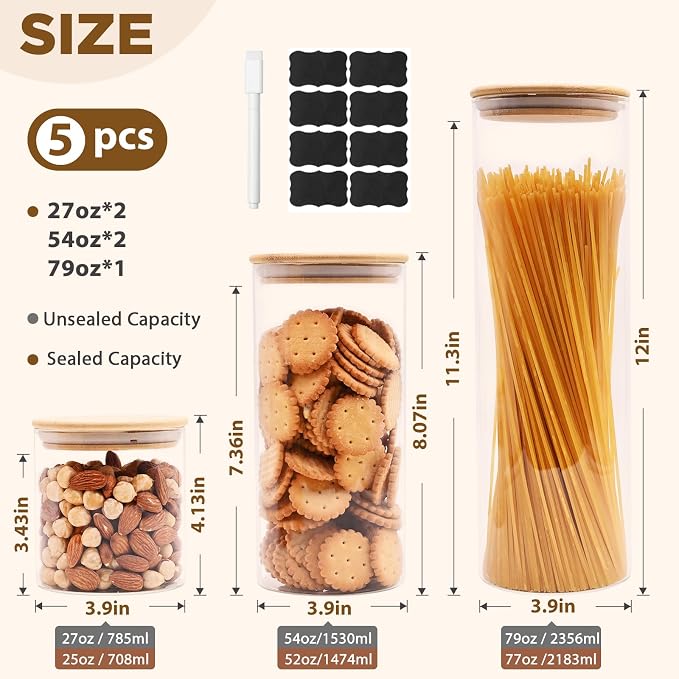 SHOWIN Glass Food Storage Jars, Glass Jars with Bamboo Lids, Kitchen Storage Jars, Canisters with Airtight Lids for Spice, Coffee, Cookie, Set of 5, Pantry Organizers