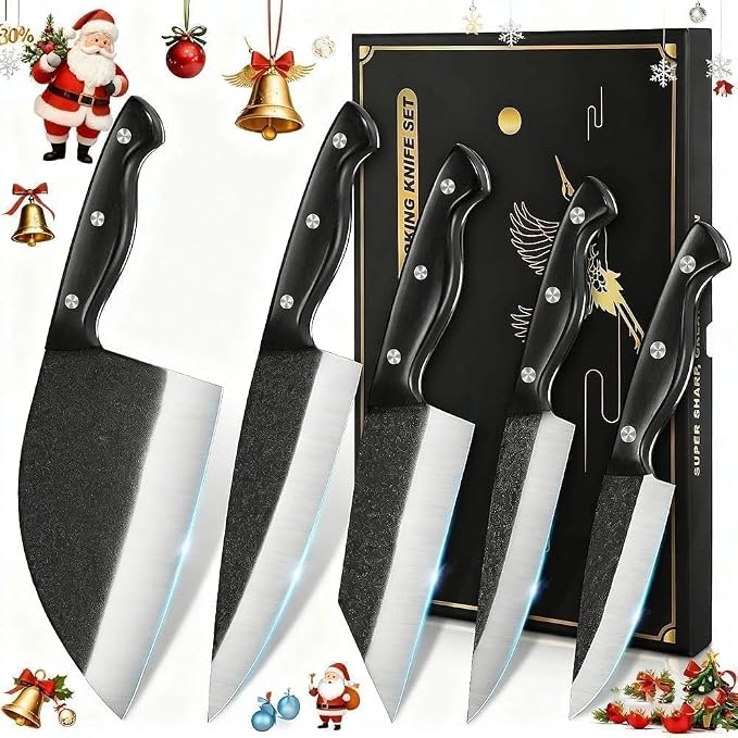 SSGP Butcher Knife Set of 5- Japanese Knife Set for Meat Cutting, Hand Forged Viking Knives Sets with Meat Cleaver, Heavy-Duty Kitchen Knives Sets for Bone BBQ Vegetable, Gifts for Men