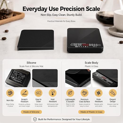 IKAPE Espresso Coffee Scale with Timer, 2kg/0.1g High Precision Digital Scale with Silicone Mat, 4 Modes in One, LED Display, Auto-Tare, for Kitchen, Cooking, Espresso, Pour Over Coffee