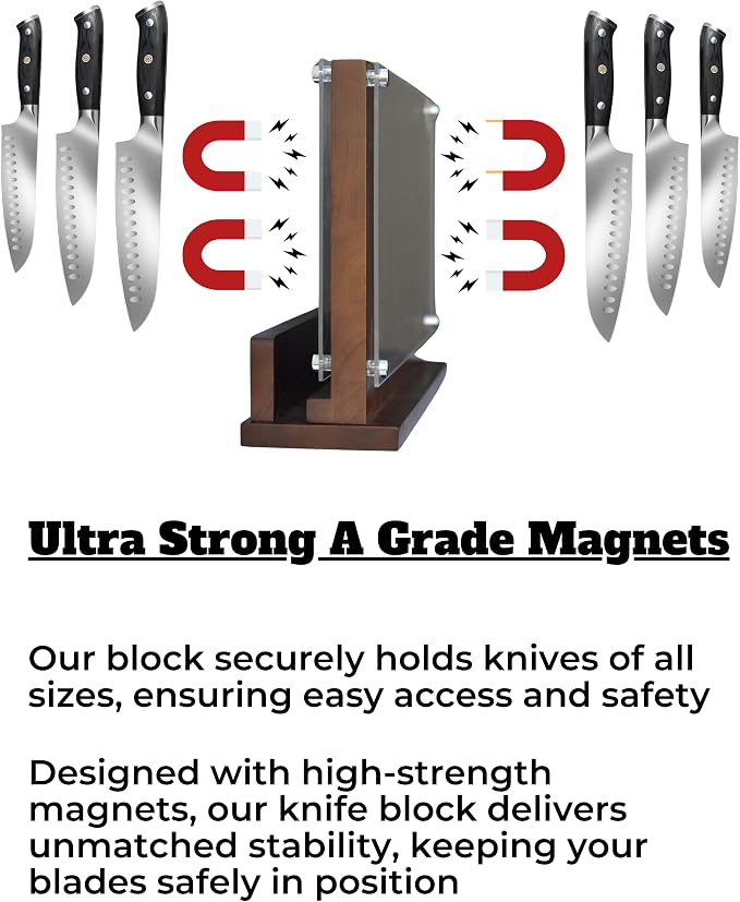 Magnetic Knife Holder 14x10 Inches Extra Large Size with Knife Sharpener Wooden Double Sided Magnetic Knife Block for Kitchen Counter with Cutting Board Slot & Acrylic safety shieldf, Sturdy & Durable