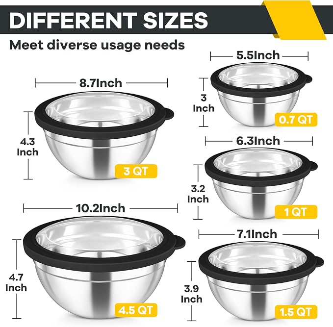 TeamFar Mixing Bowls Set, Stainless Steel Salad Bowl with Lids, Black | 4.5/3/1.5/1/0.7 QT, Metal Nesting Bowls with Visible Airtight Lids, For Serving/ Mixing/ Storing, Dishwasher Safe, Set of 5