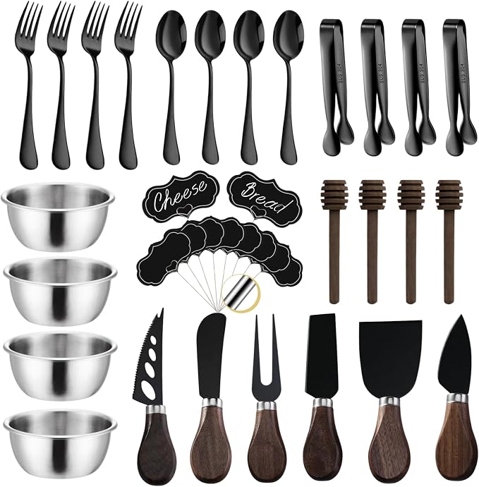 Charcuterie Board Accessories Set - 56PCS Charcuterie Utensils Kit, 6 Cheese Knife Set, Spoons & Forks, Stainless Bowls, Cheese Labels & Stands for Cheese Board & Grazing (Black Walnut)