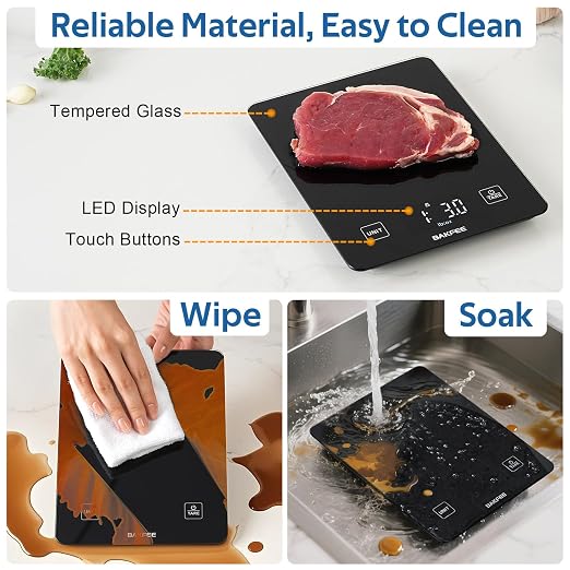 Waterproof Food Scale, 22lb Kitchen Scale, IP67, Rechargeable, Black | 1g Precision, Premium Tempered Glass, Clear LED Display, 6 Units, Tare, Ideal for Baking, Cooking, Making Sourdough Bread